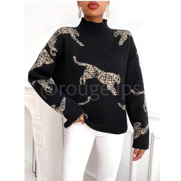 Black High Neck Knit Pullover Sweater Leopard Cheetah Print - Picture 6 of 7